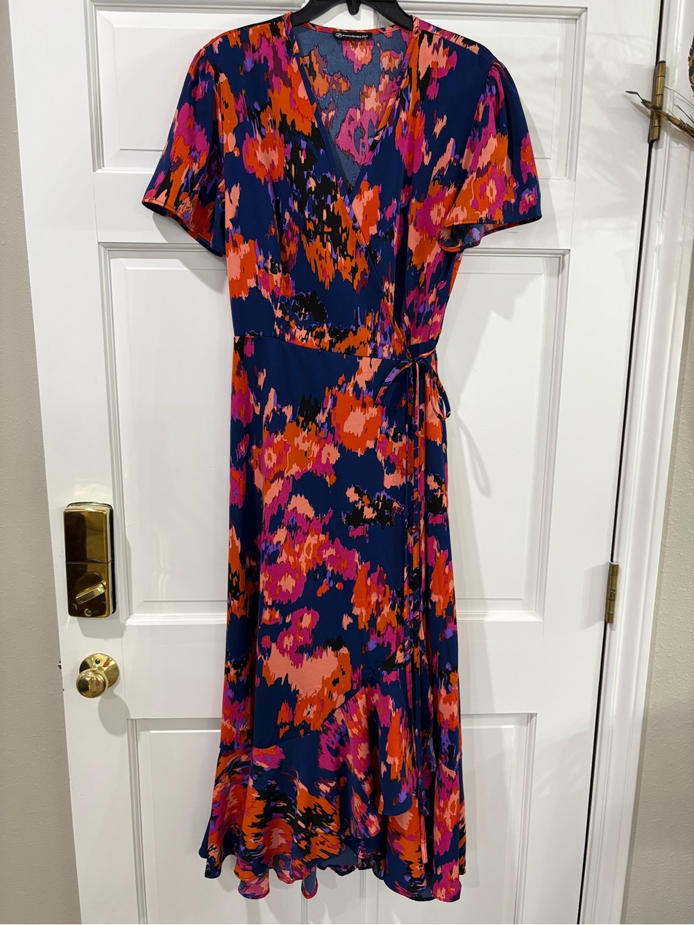 Floral Abstract Navy Wrap Dress with Pink & Orange Accents. WORN ONCE